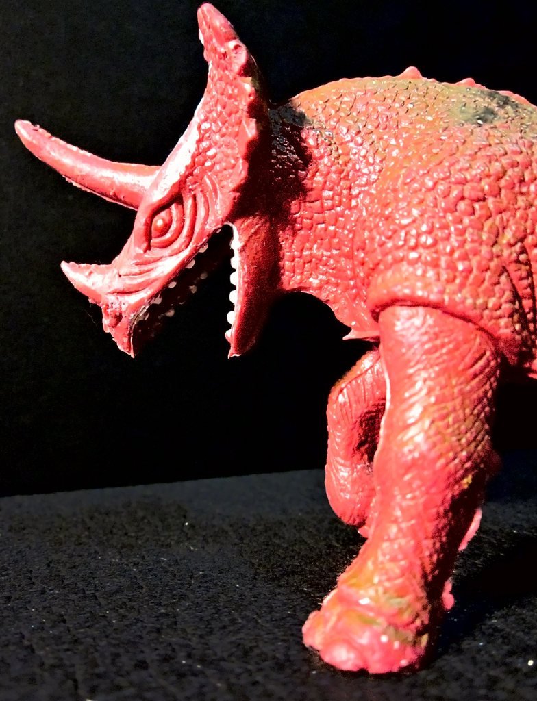 Il Triceratops di tre quarti, con la zampa alzata