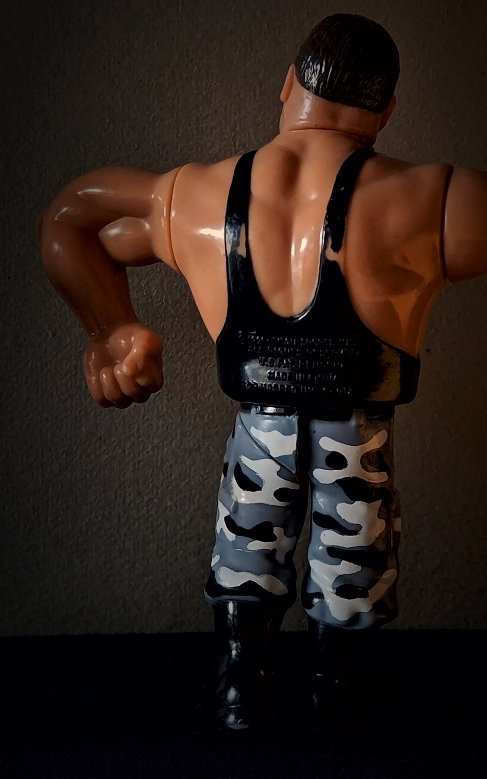 Butch di spalle, con le scritte in rilievo della Titan Sports e della Hasbro sul fondo della canotta