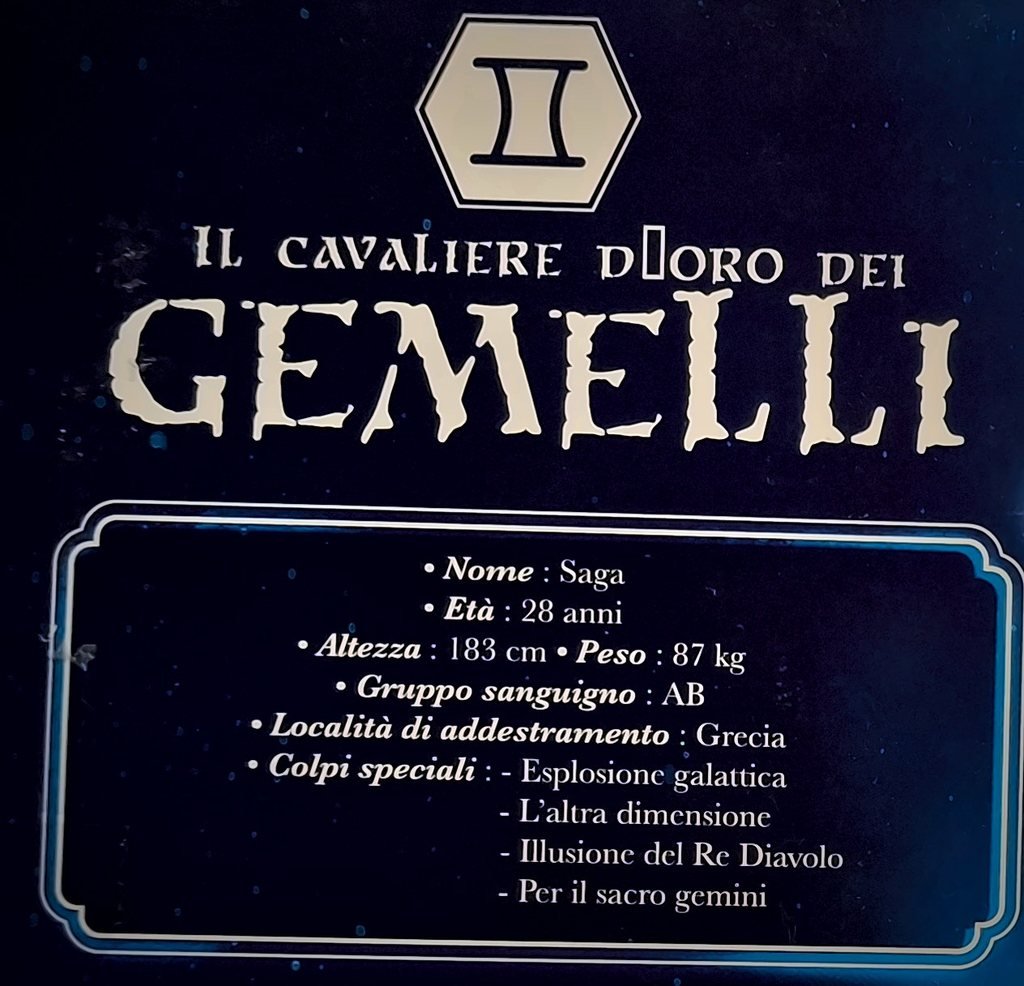 La scheda del personaggio sul retro della scatola italiana: il simbolo dei Gemelli, il titolo e i dati di Saga