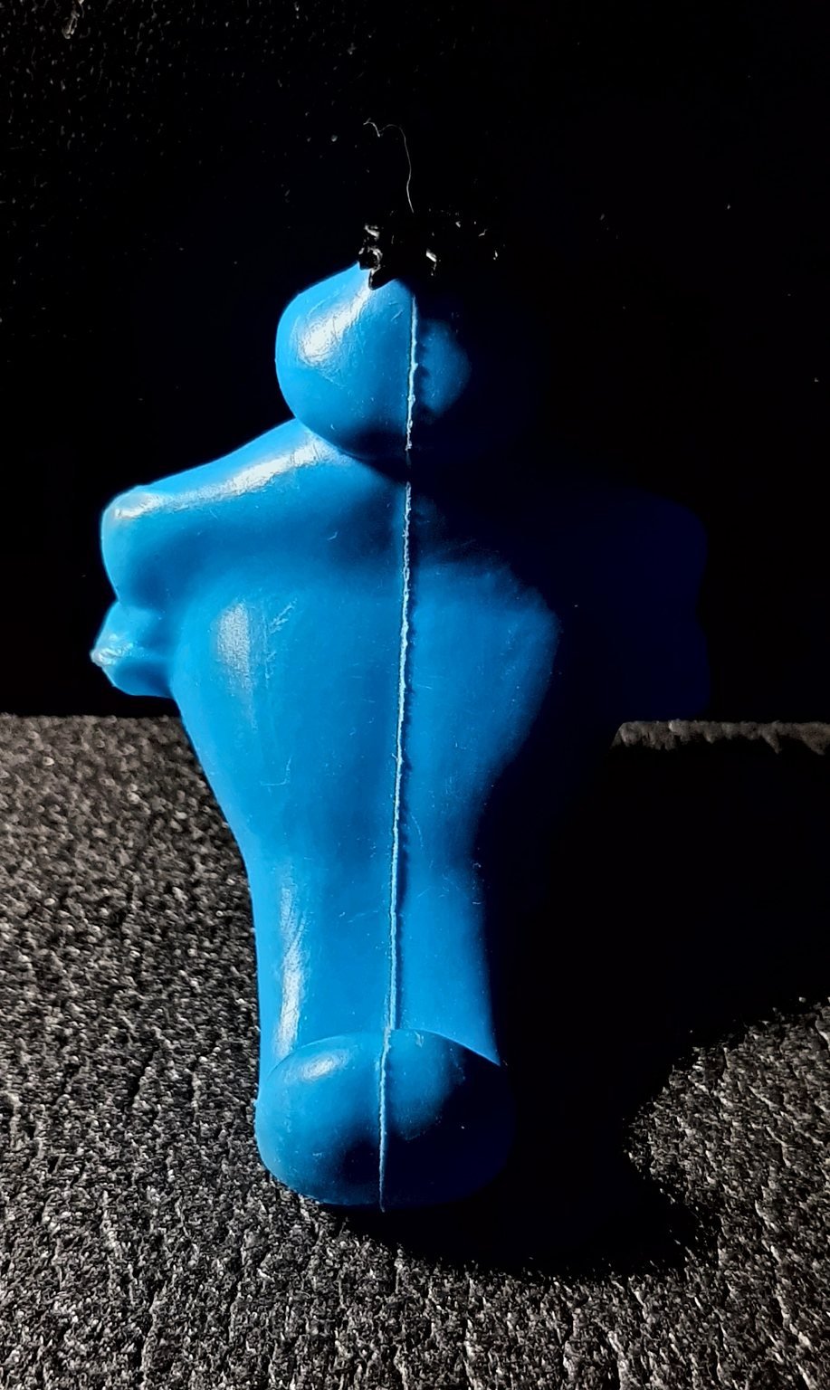 Papyciocco di spalle, con la linea di giunzione al centro della schiena e la coda distesa sul piano