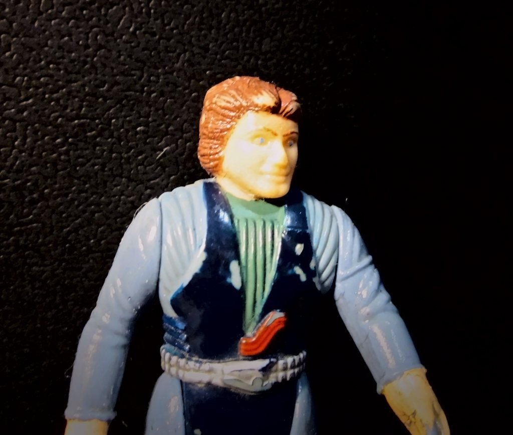 Il busto di Sky di tre quarti, con il mezzo sorriso, gli occhi azzurri, la maglia verde a coste e il gilet blu scuro scrostato